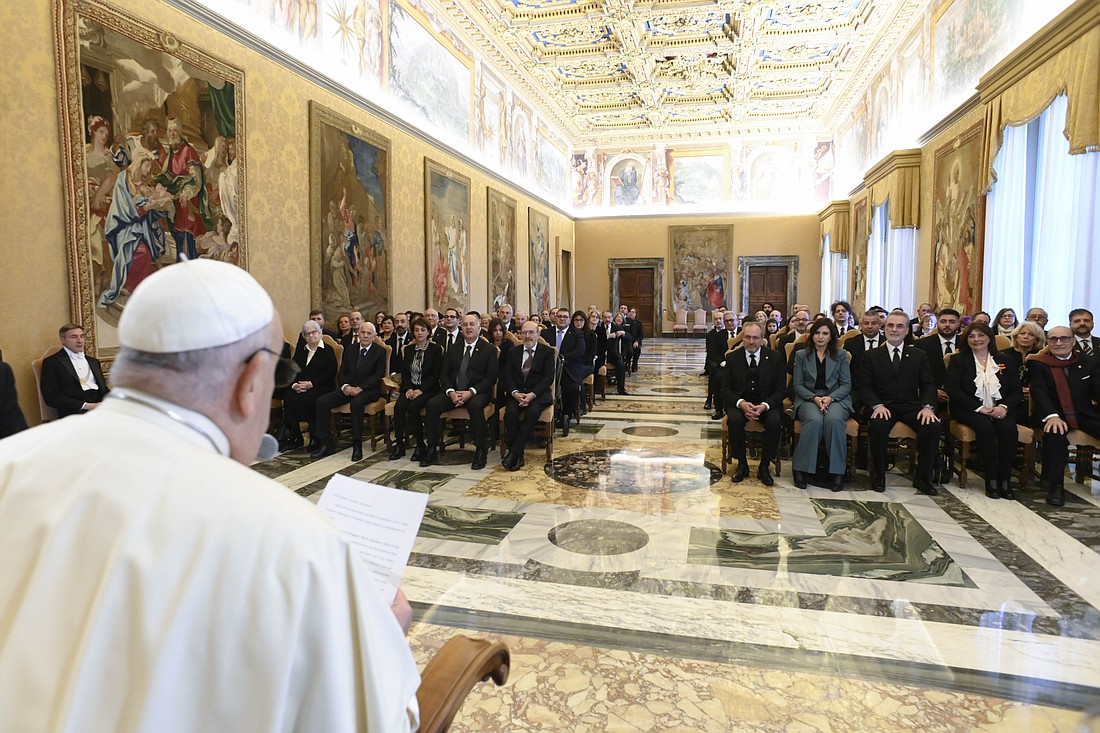 Pope Francis speaks to members of the Archconfraternity of Sts. John the Baptist and John the Evangelist of the Knights of Malta from Catanzaro, Italy, during a meeting at the Vatican Jan. 3, 2024. (CNS photo/Vatican Media)