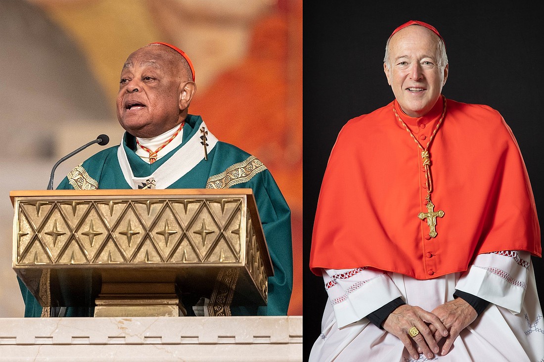 In this OSV News composite photo, Washington Cardinal Wilton D. Gregory, seen at left, gives his homily during the National Eucharistic Pilgrimage Mass June 9, 2024, at the Basilica of the National Shrine of the Immaculate Conception. Cardinal Robert W. McElroy, right, is seen in this undated photo provided by the Diocese of San Diego. (OSV News composite photo/Mihoko Owada, Catholic Standard/Courtesy of the Diocese of San Diego)