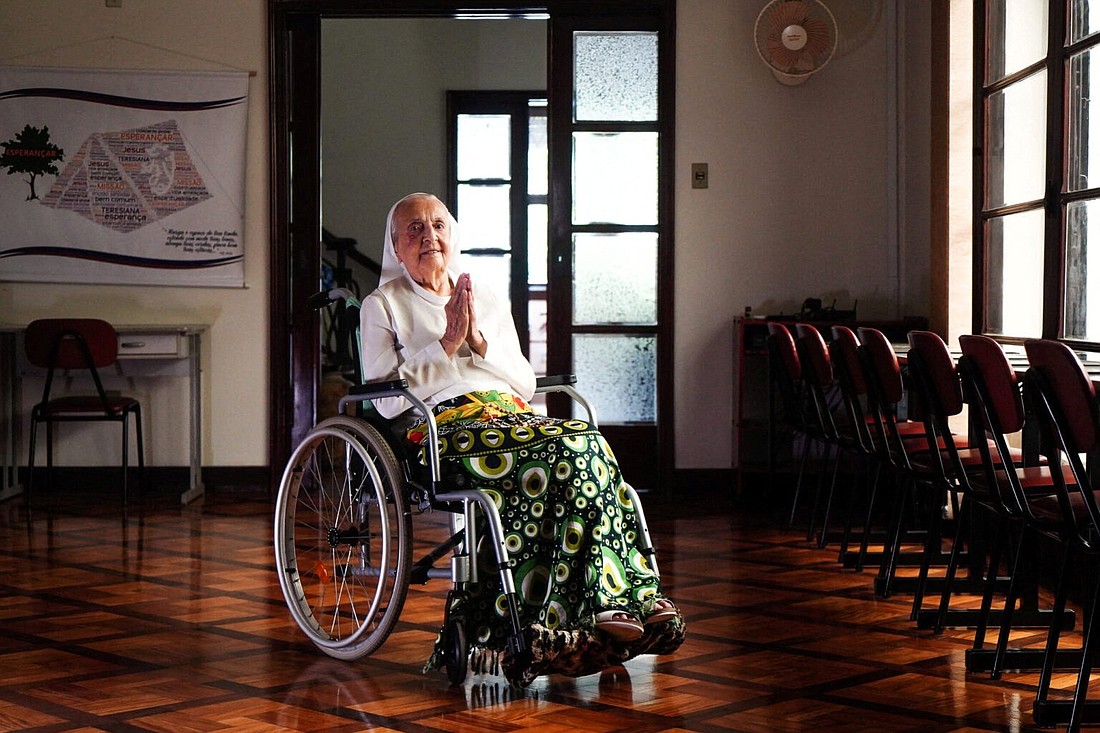 Brazilian Sister Inah Canabarro Lucas, 116, poses for a picture in Porto Alegre Feb. 16, 2024. As confirmed as confirmed Jan. 4, 2025, by LongeviQuest, the soccer-loving nun is the oldest living woman and the oldest living person in the world, following the death of Japan's Tomiko Itooka Dec. 29, 2024. (OSV News photo/Carlos Macedo/LongeviQuest, handout via Reuters) Editors: THIS IMAGE HAS BEEN SUPPLIED BY A THIRD PARTY. NO RESALES. NO ARCHIVES. 30 DAYREMOVE