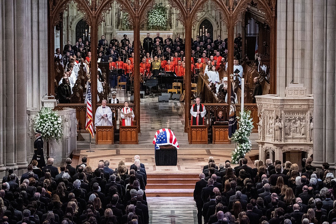 The casket of former U.S. President Jimmy Carter rests at the front of the Washington National Cathedral during his state funeral service Jan. 9, 2025. At 100, Carter was the longest-living former U.S. president at the time of his death in Plains, Ga., Dec. 29, 2024. His body laid in state in the U.S. Capitol Rotunda Jan. 7-9. (OSV News photo/Haiyun Jiang, The New York Time via Reuters).