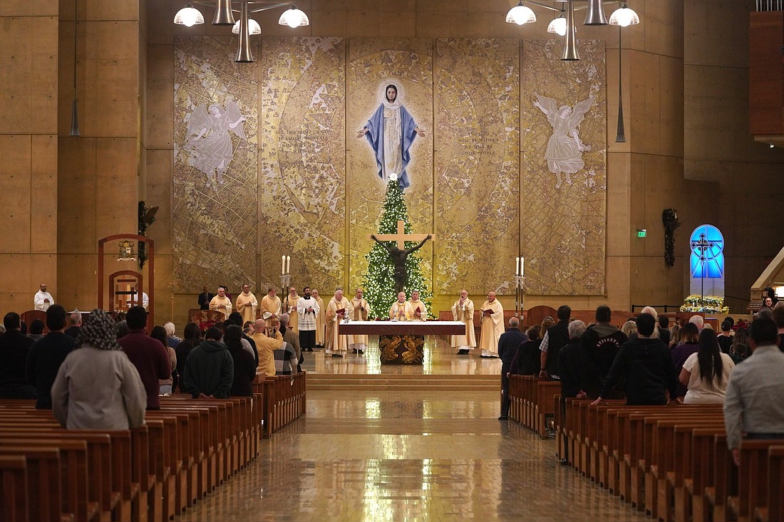 Los Angeles Archbishop José H. Gomez concelebrates Mass at the Cathedral of Our Lady of the Angels Jan. 9, 2025, to pray for those affected by the fires raging through parts of Los Angeles County. (OSV News photo/Isabel Cacho, courtesy Archdiocese of Los Angeles)