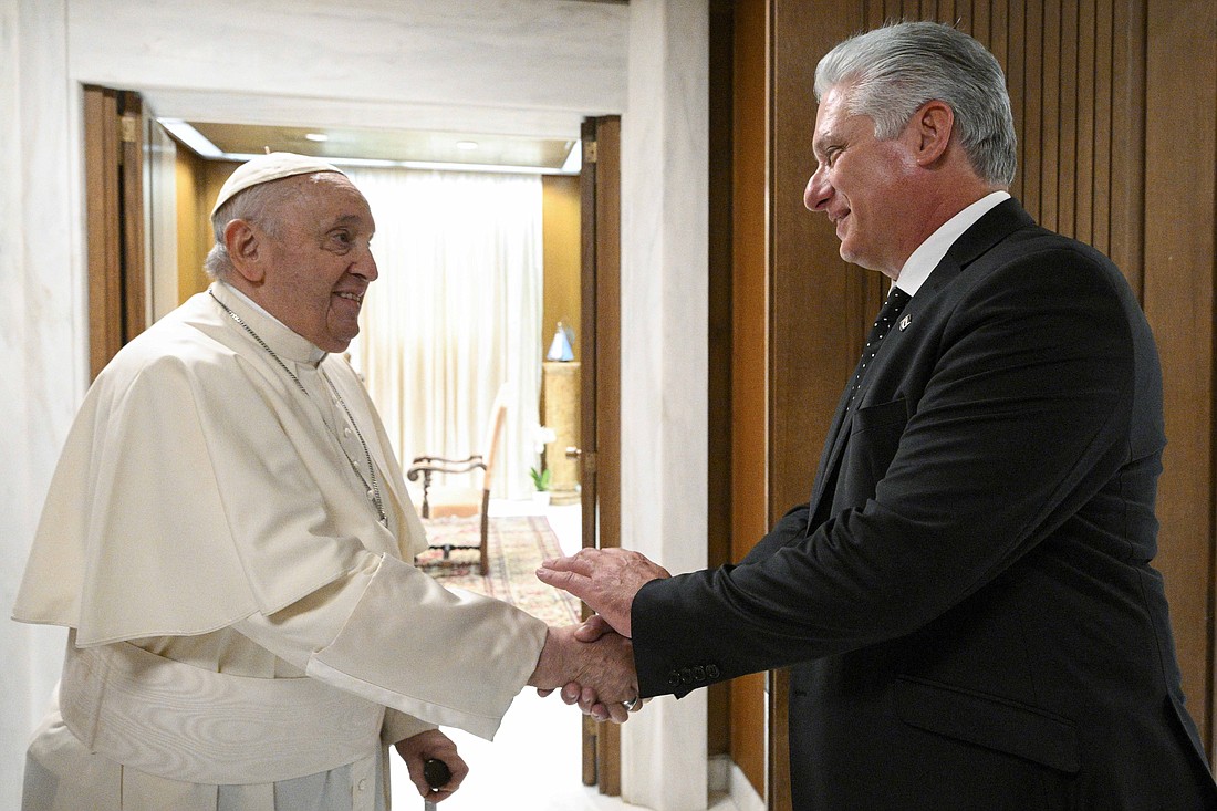 Pope Francis welcomes Cuban President Miguel Díaz-Canel to a private meeting June 20, 2023, in the papal studio of the Vatican audience hall. (CNS photo/Vatican Media)