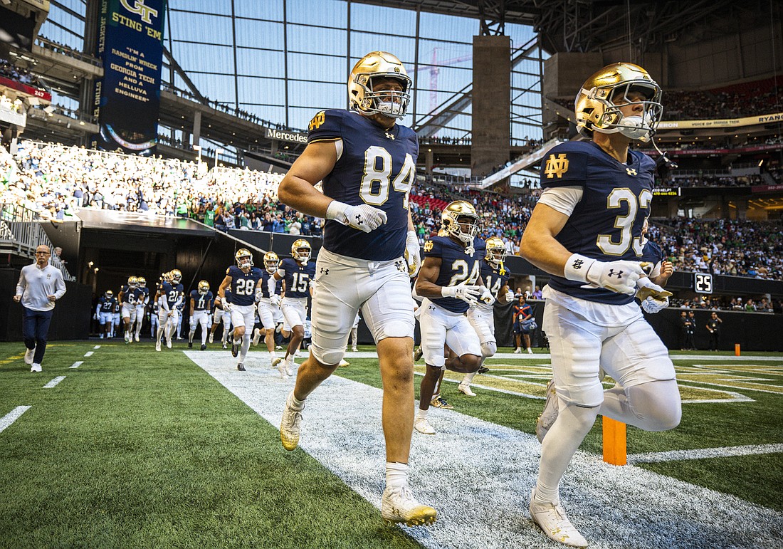 Red Bank Catholic graduate Kevin Bauman, 84, takes the field against Georgia Tech on Oct. 19 at Mercedes Benz Stadium in Atlanta – the same stadium in which the Irish will battle Ohio State for the National Championship Jan. 20. Photo courtesy of Notre Dame Athletics