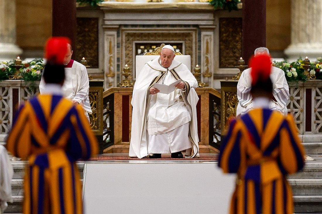 Pope Francis presides over an ecumenical prayer service at the Basilica of St. Paul Outside the Walls in Rome in this file photo from Jan. 25, 2024; the service marked the end of the Week of Prayer for Christian Unity. (CNS photo/Lola Gomez)