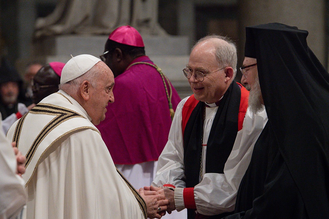 Pope Francis greets Episcopalian Bishop John Bauerschmidt of Tennessee and Romanian Catholic Bishop John M. Botean of the Eparchy of St. George in Canton, Ohio, at the end of an ecumenical prayer service at Rome's Basilica of St. Paul Outside the Walls in this file photos from Jan. 25, 2024. (CNS photo/Vatican Media)