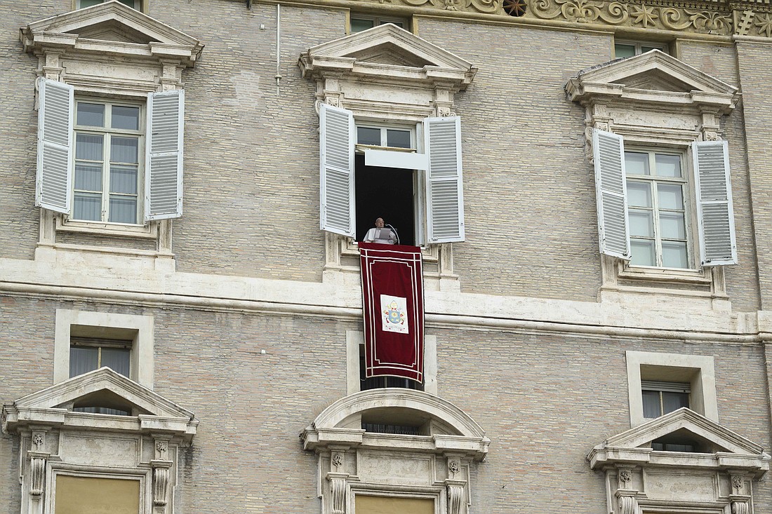 Pope Francis offers his remarks to people gathered in St. Peter's Square at the Vatican for the recitation of the Angelus prayer Jan. 19, 2025. (CNS photo/Vatican Media)