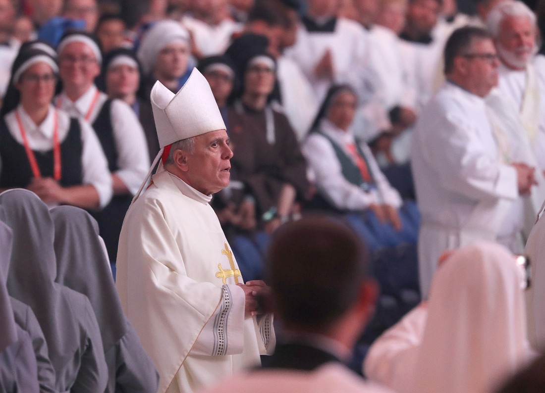 Cardinal Daniel N. DiNardo of Galveston-Houston processes in July 21, 2024, for the final Mass of the National Eucharistic Congress at Lucas Oil Stadium in Indianapolis. On Jan. 20, 2025, Pope Francis accepted the resignation of Cardinal DiNardo and named as his successor Bishop Joe S. Vásquez of Austin, Texas. (OSV News photo/Bob Roller)