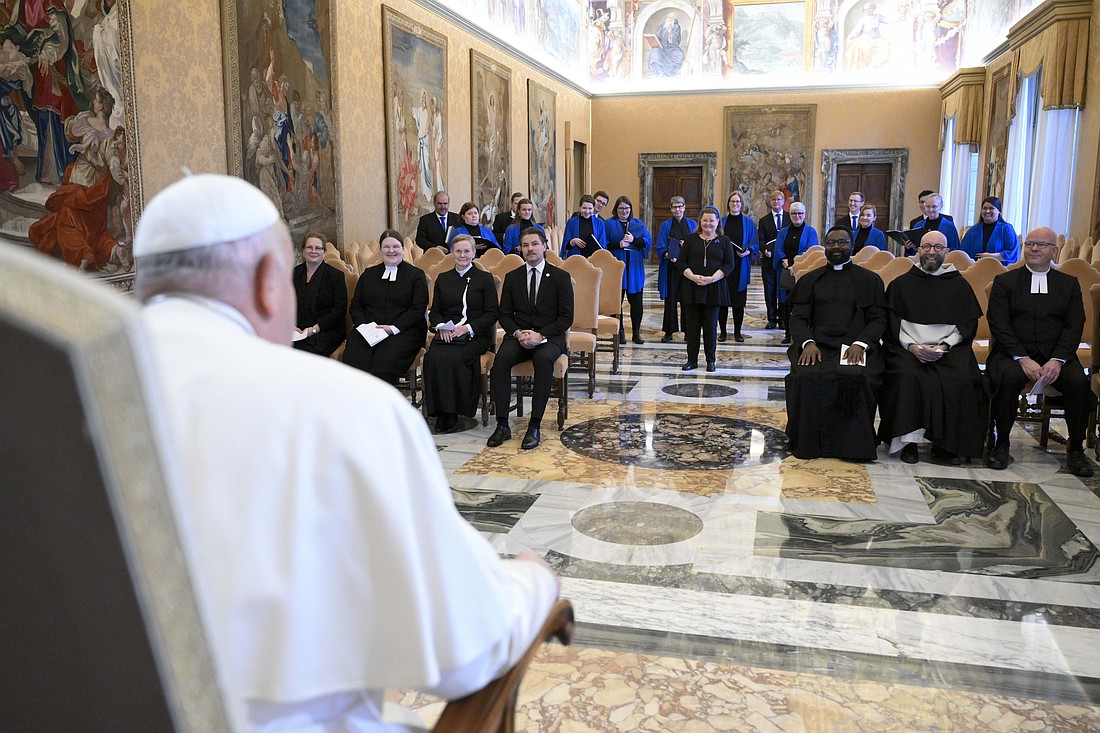 Pope Francis speaks to Orthodox, Catholic and Lutheran leaders in the Apostolic Palace at the Vatican Jan. 20, 2025, during their annual pilgrimage to Rome. (CNS photo/Vatican Media)