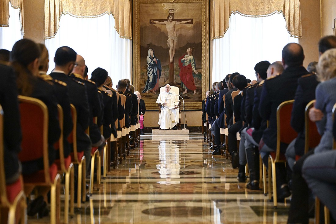 Pope Francis speaks to members of the Italian national police unit that patrols the area around the Vatican during an audience in the Apostolic Palace Jan. 23, 2025. (CNS photo/Vatican Media)