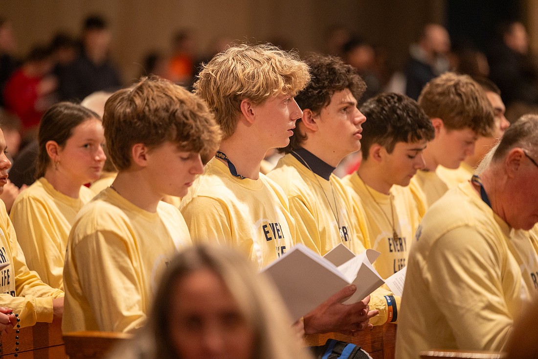 Young people pray at the National Prayer Vigil for Life Mass at the Basilica of the National Shrine of the Immaculate Conception in Washington Jan. 23, 2025, the evening before the annual the March for Life. (OSV News photo/Mihoko Owada)