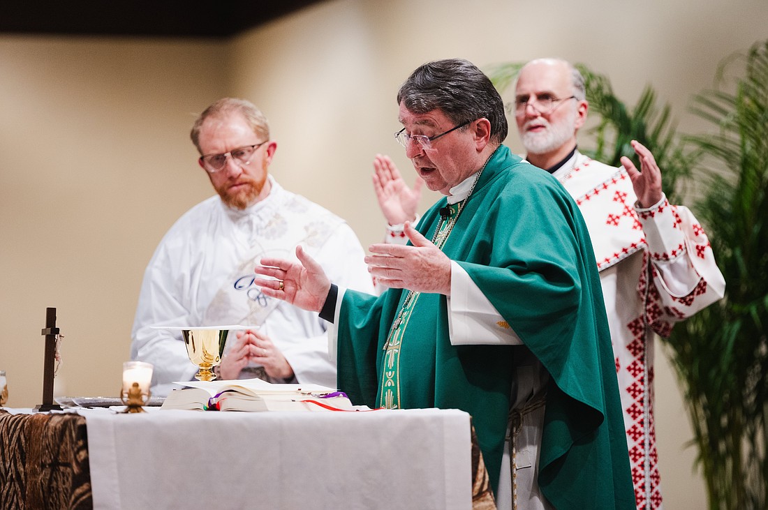 Cardinal Christophe Pierre, apostolic nuncio to the United States, celebrates the welcome Mass at the Catholic Social Ministry Gathering in Washington Jan. 25, 2025. Concelebrating is Archbishop Borys Gudziak (right), chairman of the U.S. bishops' Committee on Domestic Justice and Human Development. (OSV News photo/courtesy of USCCB Secretariat of Justice and Peace)