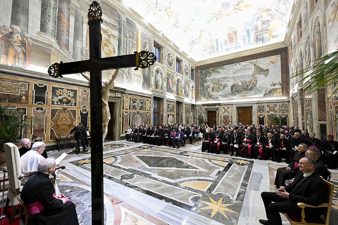 Pope Francis speaks to the presidents of bishops' communications committees and the directors of communications for bishops' conferences during a meeting at the Vatican Jan. 27, 2025. (CNS photo/Vatican Media)