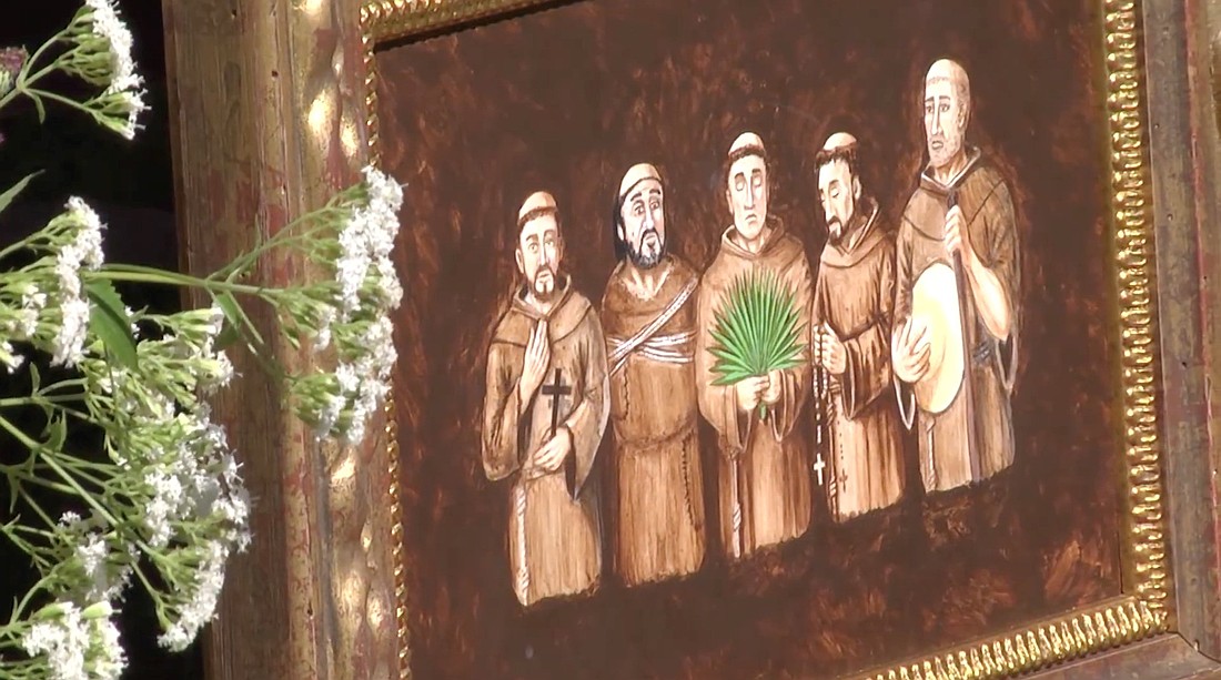 The five Spanish Franciscans, known as the Georgia martyrs, are seen in a painting featured in a video from the Diocese of Savannah, Georgia. The friars were martyred between Sept. 14 and Sept. 17, 1597. Pope Francis signed a decree recognizing their martyrdom Jan. 27, 2025. (CNS photo/screen grab from YouTube, Diocese of Savannah)