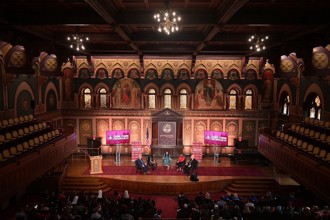 Abigail Galván, host of Pro-life Weekly, in green, speaks on a panel during the 26th annual Cardinal O'Connor Conference on Life at Georgetown University in Washington Jan. 25, 2025. (OSV News photo/courtesy Georgetown University)