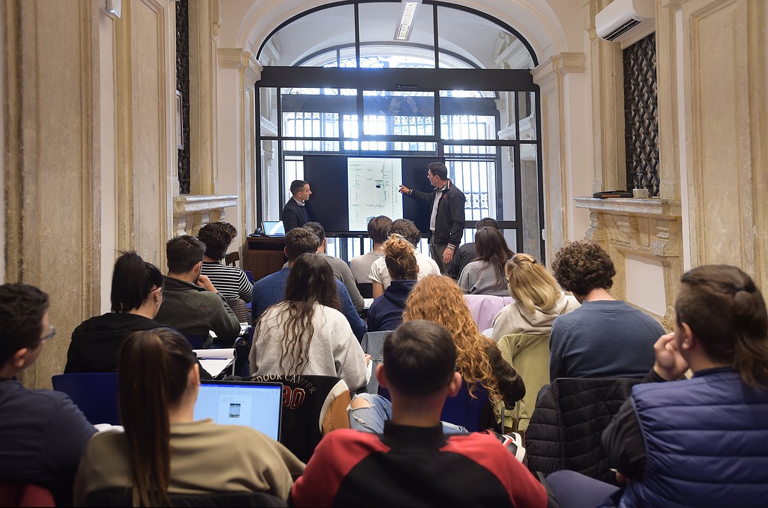 Students attend a lecture at the newly established School of Fine Arts and Traditional Trades of the Fabbrica di San Pietro at the Vatican April 3, 2023. The six-month program is dedicated to encouraging young people to practice traditional crafts and skills that risk dying out. (CNS photo/courtesy of Fabbrica di San Pietro).