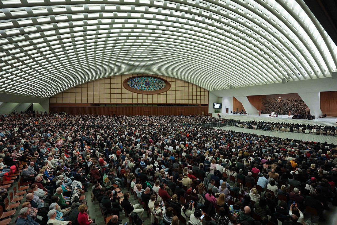 Pope Francis speaks to visitors in the Paul VI Audience Hall during his weekly general audience at the Vatican Jan. 29, 2025. (CNS photo/Lola Gomez)