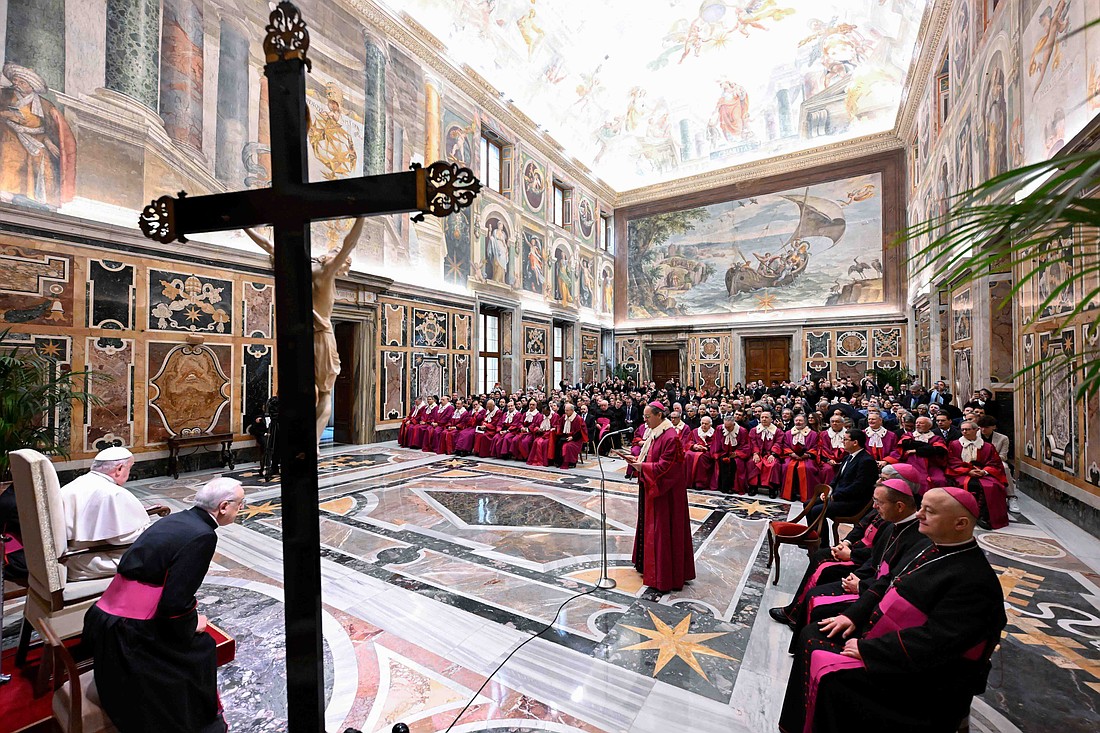 Archbishop Alejandro Arellano Cedillo, dean of the Roman Rota, speaks during an audience with Pope Francis for the opening of the judicial year of the tribunal of the Roman Rota at the Vatican Jan. 31, 2025. The Vatican court deals mainly with marriage cases and requests for marriage annulments. (CNS photo/Vatican Media)