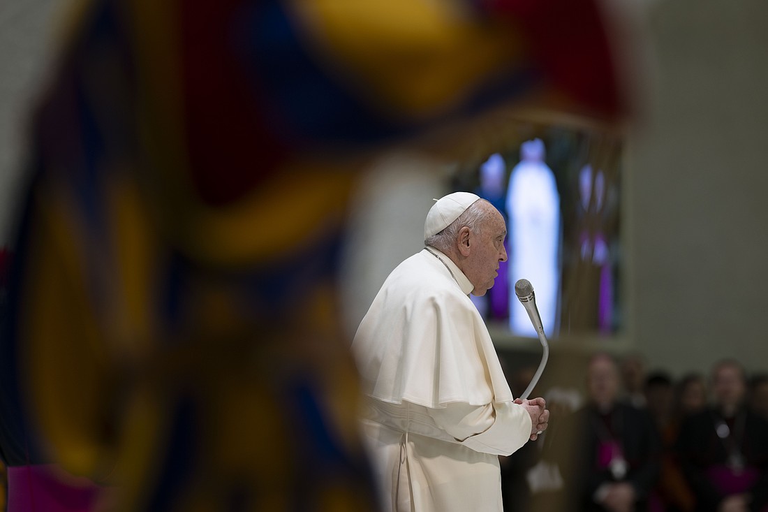 Pope Francis prays at the conclusion of his weekly general audience in the Paul VI Audience Hall at the Vatican Jan. 22, 2025. (CNS photo/Vatican Media)