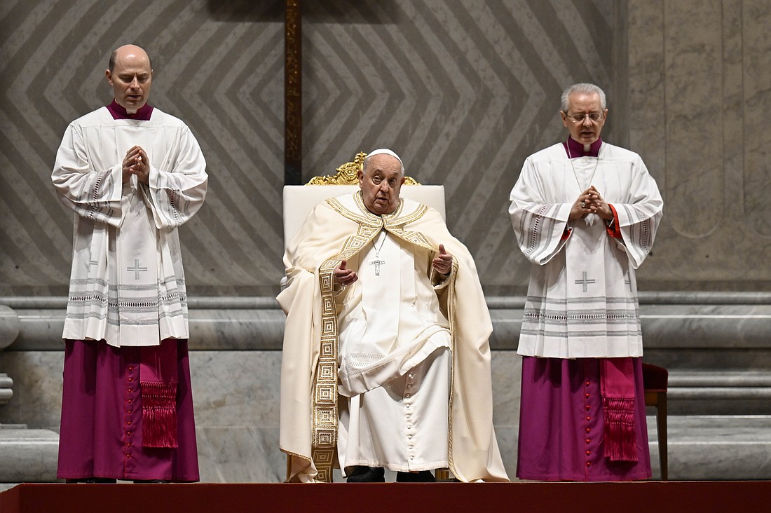 Pope Francis prays the Lord's Prayer during vespers on the eve of the feast of the Presentation of the Lord, also known as Candlemas, and the World Day for Consecrated Life Feb. 1, 2025, in St. Peter's Basilica at the Vatican. (CNS photo/Vatican Media)