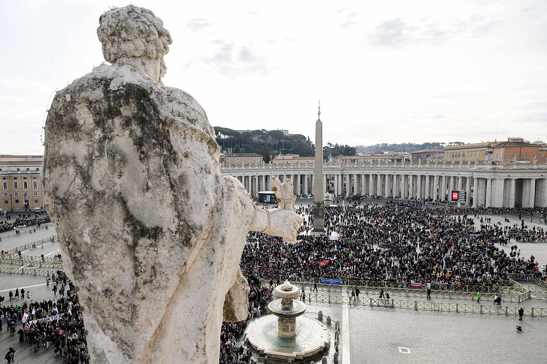 People gather in St. Peter's Square to pray the Angelus with Pope Francis at the Vatican Feb. 2, 2025. (CNS photo/Vatican Media)