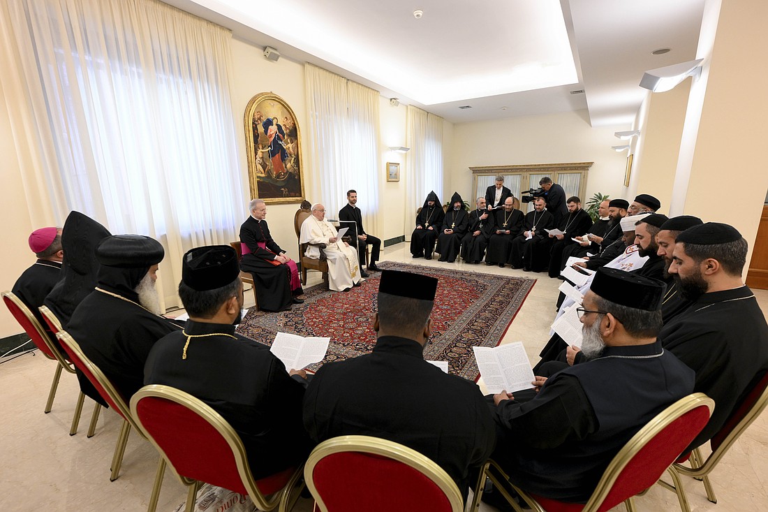 Pope Francis speaks to young priests and monks from Oriental Orthodox Churches during a meeting at the Vatican Feb. 6, 2025. (CNS photo/Vatican Media)