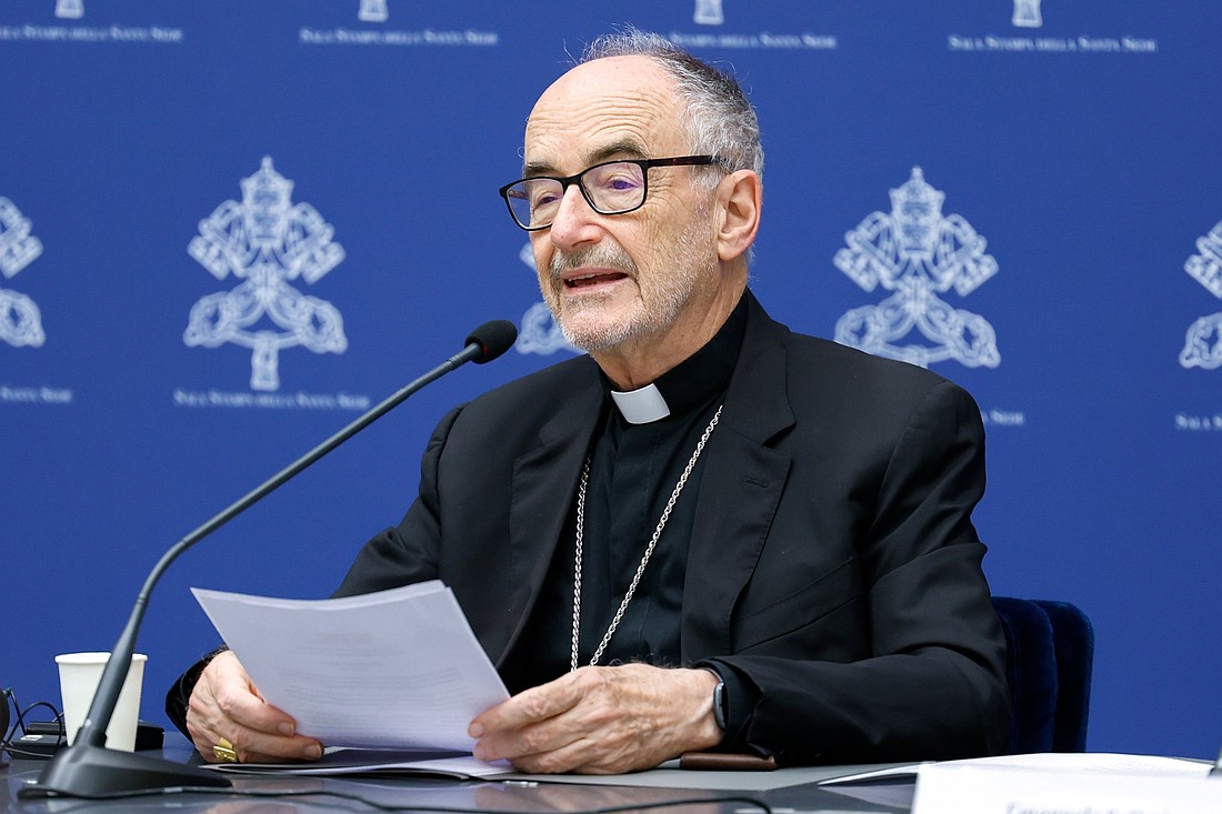 Cardinal Michael Czerny, prefect of the Dicastery for Promoting Integral Human Development, speaks during a news conference about Pope Francis' message for the World Day of Migrants and Refugees at the Vatican June 3, 2024. (CNS photo/Lola Gomez).