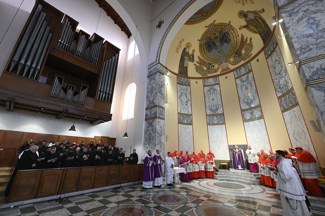 Cardinal Mauro Piacenza, head of the Apostolic Penitentiary, leads a service at the Basilica of Sant'Anselmo before celebrating Ash Wednesday Mass with Pope Francis at the Basilica of Santa Sabina in Rome Feb. 22, 2023. Pope Francis attended the Mass and delivered the homily, but he did not do the traditional walk because a painful knee has limited his mobility. (CNS photo/Vatican Media)