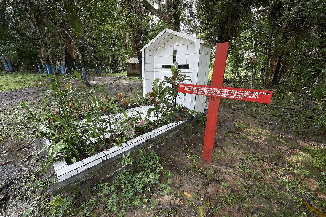 A red cross stands beside the grave of U.S.-born Sister Dorothy Stang in Anapu, Brazil, in this 2019 photo. Feb. 12, 2025, was the 20th anniversary of the killing of Sister Dorothy, a citizen of Brazil and the United States, who spent nearly four decades defending the rights of poor settlers as well as working to save the rainforest from powerful ranchers bent on destroying it.(OSV News Photo/Paul Jeffrey)