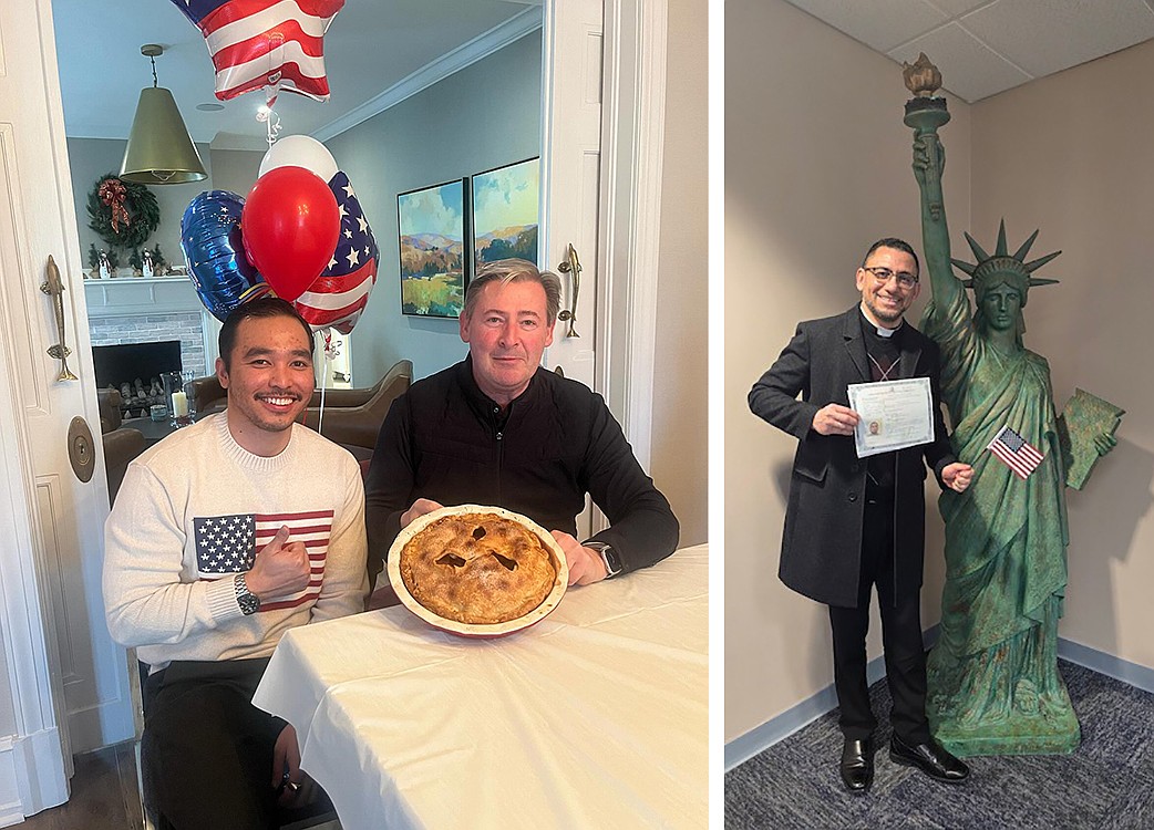 Father Gregg Abadilla, left, sits with Father Damian McElroy, pastor of St. Catharine-St. Margaret Parish, Spring Lake, to celebrate his U.S. citizenship. At right, Father Arian Wharff holds an American flag while standing in front of a model of the Statue of Liberty. Courtesy photos