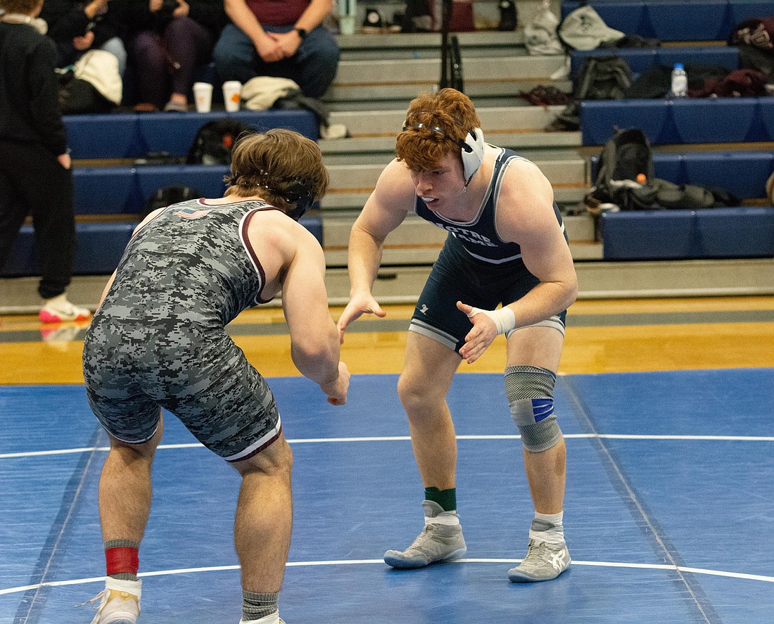 Notre Dame High School's Michael Mulray studies Steinert's Anthony Giglio as the two set to do battle in a dual meet earlier this year. Courtesy photo