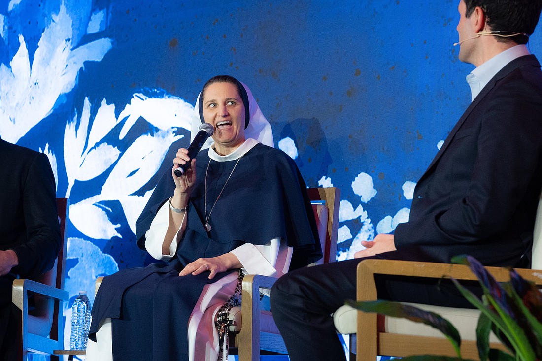 Sister Pia Jude, a Sister of Life, speaks on a panel Feb. 8 at the 2025 Legatus International Summit in Naples, Fla., during a conversation on vocations to the priesthood and religious life. The Feb. 6-9  summit for Catholic business men and women drew some 700 people. (OSV News photo/Tom Tracy)