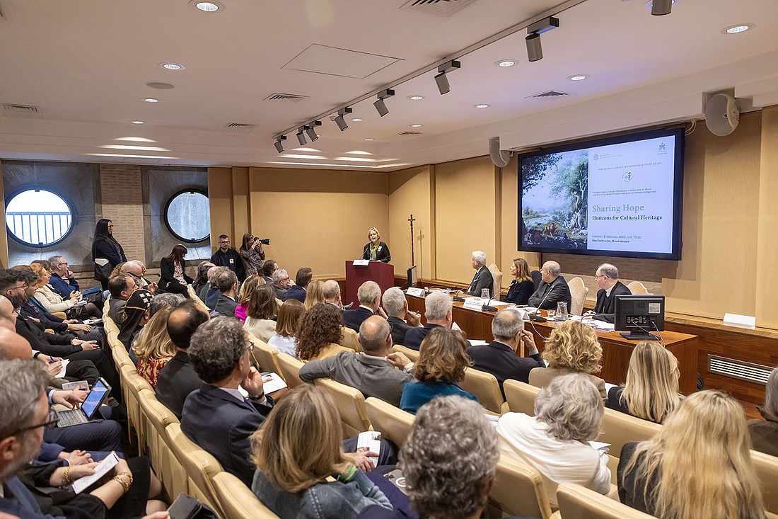 Kaywin Feldman, director of the National Gallery of Art in Washington, speaks at an event with museum directors at the Vatican Museums during the Jubilee for Artists and the World of Culture at the Vatican Feb. 15, 2025. (CNS photo/Pablo Esparza)