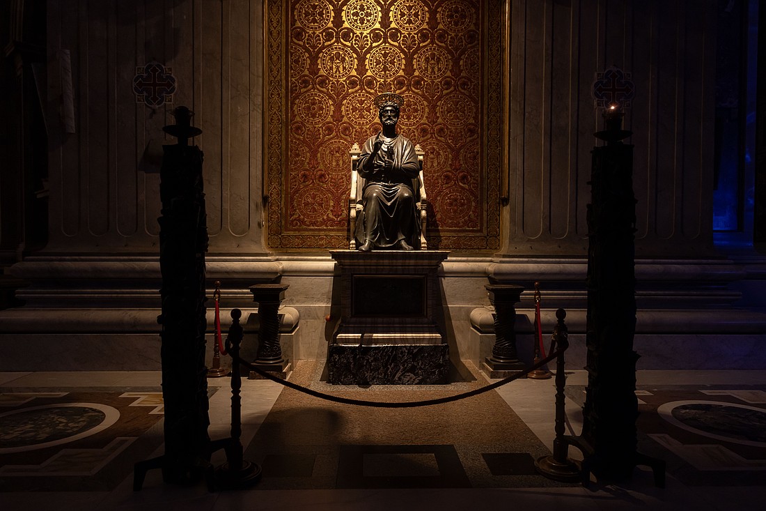 A statue of St. Peter is seen in St. Peter's Basilica Feb. 16, 2025, during a special contemplative evening walkthrough of the basilica after its closure to the general public for participants in the Jubilee of Artists and the World of Culture. (CNS photo/Pablo Esparza)