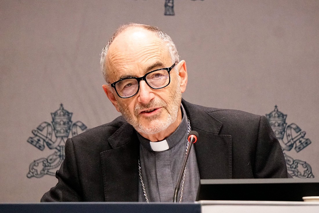 Cardinal Michael Czerny, prefect of the Dicastery for Promoting Integral Human Development, speaks at a news conference presenting Pope Francis' World Peace Day message at the Vatican Dec. 12, 2024. (CNS photo/Carol Glatz)