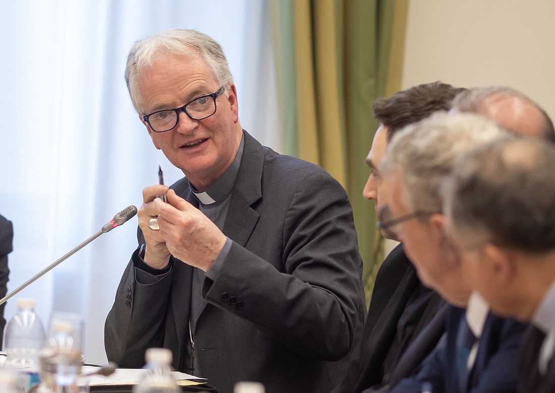 Bishop Paul Tighe, secretary of the Dicastery for Culture and Education, speaks during a meeting of representatives from Catholic cultural centers hosted at the Vatican Feb. 17, 2025, during the Jubilee of Artists and the World of Culture. (CNS photo/Pablo Esparza)