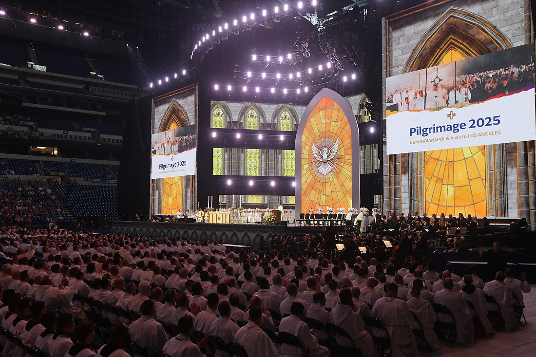 Bishop Andrew H. Cozzens of Crookston, Minn., chairman of the board of the National Eucharistic Congress Inc., announces July 21, 2024 -- the final day of the National Eucharistic Congress at Lucas Oil Stadium in Indianapolis -- that a Eucharistic pilgrimage from Indianapolis to Los Angeles is being planned for spring 2025. The pilgrimage, from Indianapolis to Los Angeles, will include stops in 10 states: Indiana, Illinois, Iowa, Missouri, Kansas, Oklahoma, Texas, New Mexico, Arizona and California. (OSV News photo/Bob Roller)