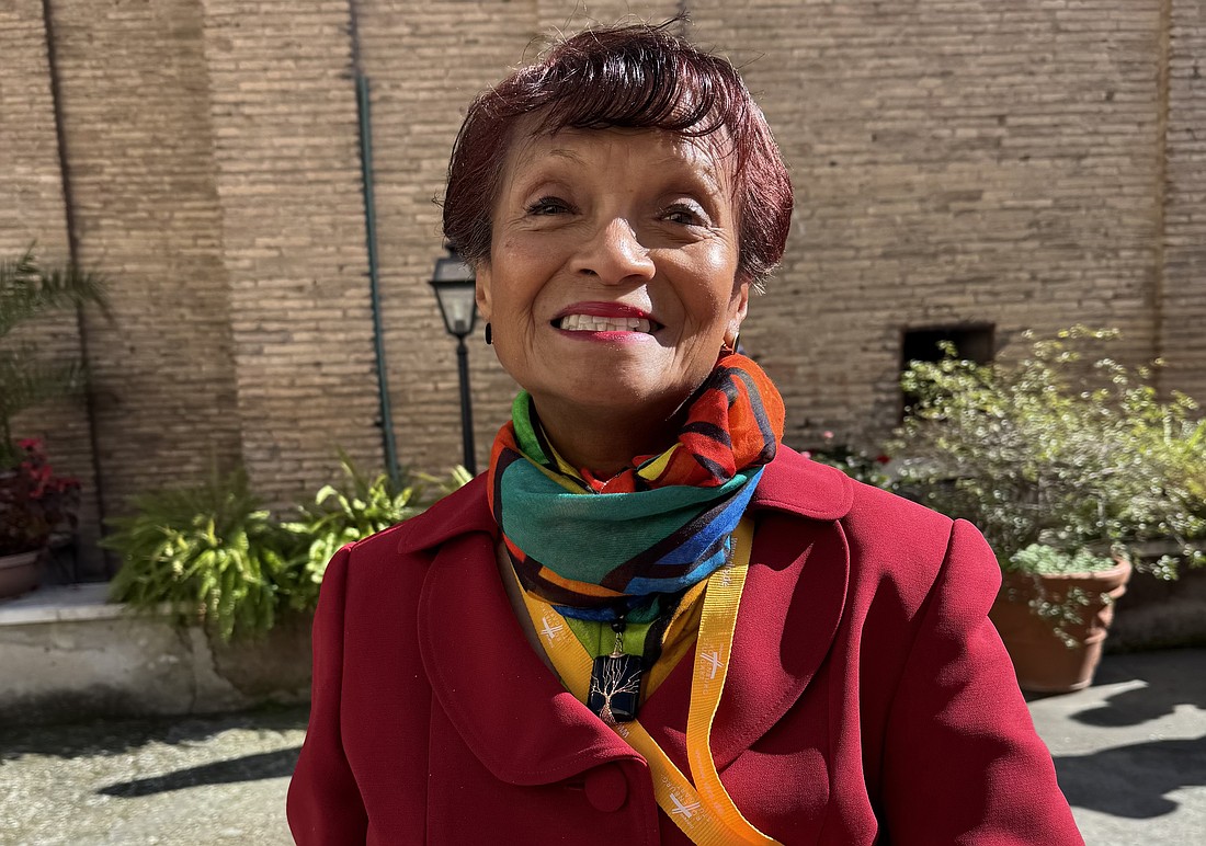 Yolanda Scott Brown, a member of the board of the U.S.-based Discerning Deacons poses for a photo outside the Basilica of Santa Maria in Trastevere in Rome Feb. 21, 2025, during the Jubilee for Deacons. (CNS photo/Cindy Wooden)