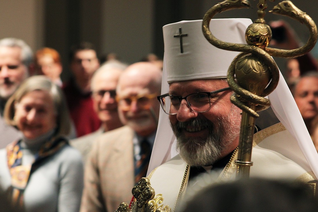 Major Archbishop Sviatoslav Shevchuk, patriarchal head of the Ukrainian Greek Catholic Church, processes into the sanctuary at the Ukrainian Catholic National Shrine of the Holy Family in Washington, during a Feb. 18, 2025, prayer service for peace in Ukraine amid Russia's full-scale invasion. (OSV News photo/Gina Christian)