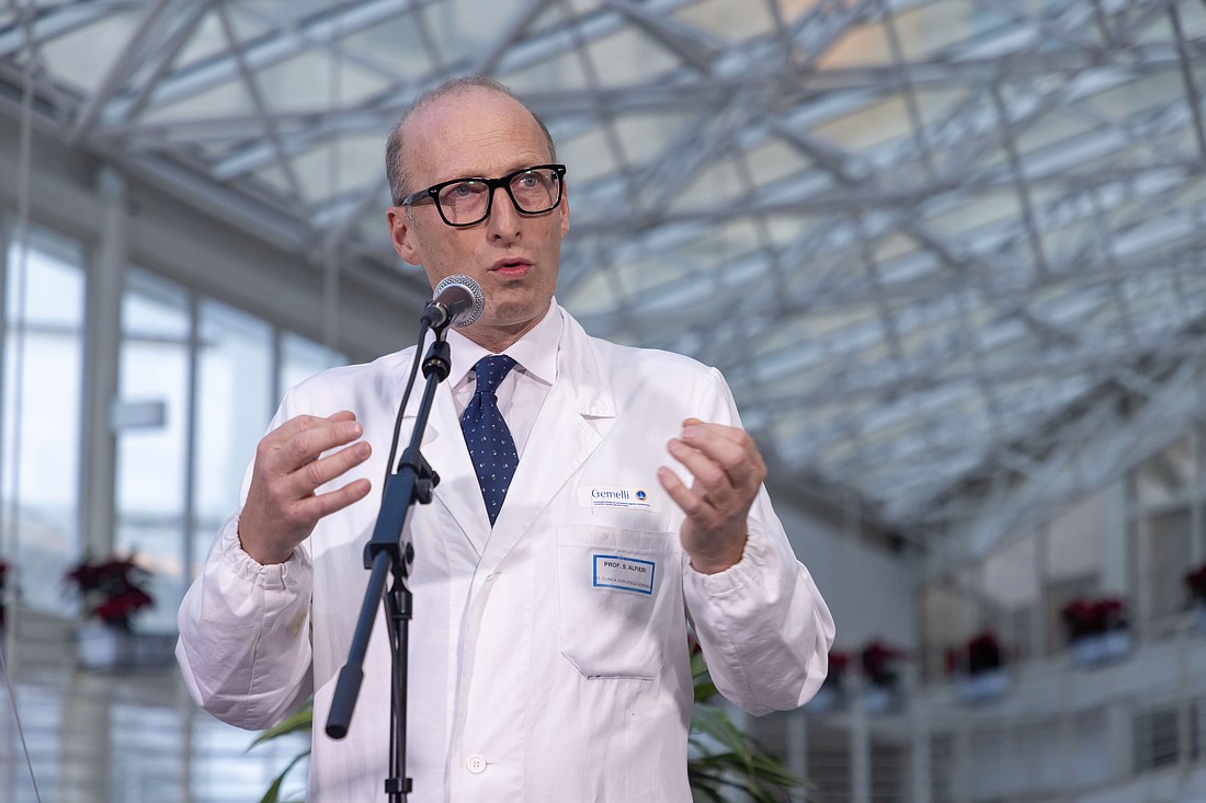 Dr. Sergio Alfieri, director of medical and surgical sciences at Rome's Gemelli hospital, responds to a reporter's question about Pope Francis' health during a news conference in the hospital atrium Feb. 21, 2025. Pope Francis has been hospitalized since Feb. 14. (CNS photo/Pablo Esparza)