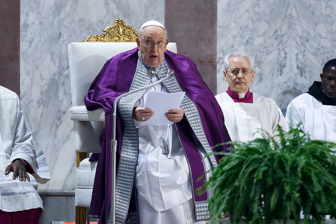 Pope Francis delivers his homily during his Ash Wednesday Mass at the Basilica of Santa Sabina in Rome Feb. 14, 2024. (CNS photo/Lola Gomez)