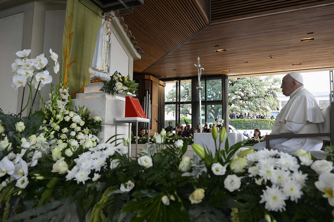 Pope Francis prays the rosary in the Chapel of the Apparitions at the Shrine of Our Lady of Fátima in Fátima, Portugal, Aug. 5, 2023. (CNS photo/Vatican Media)