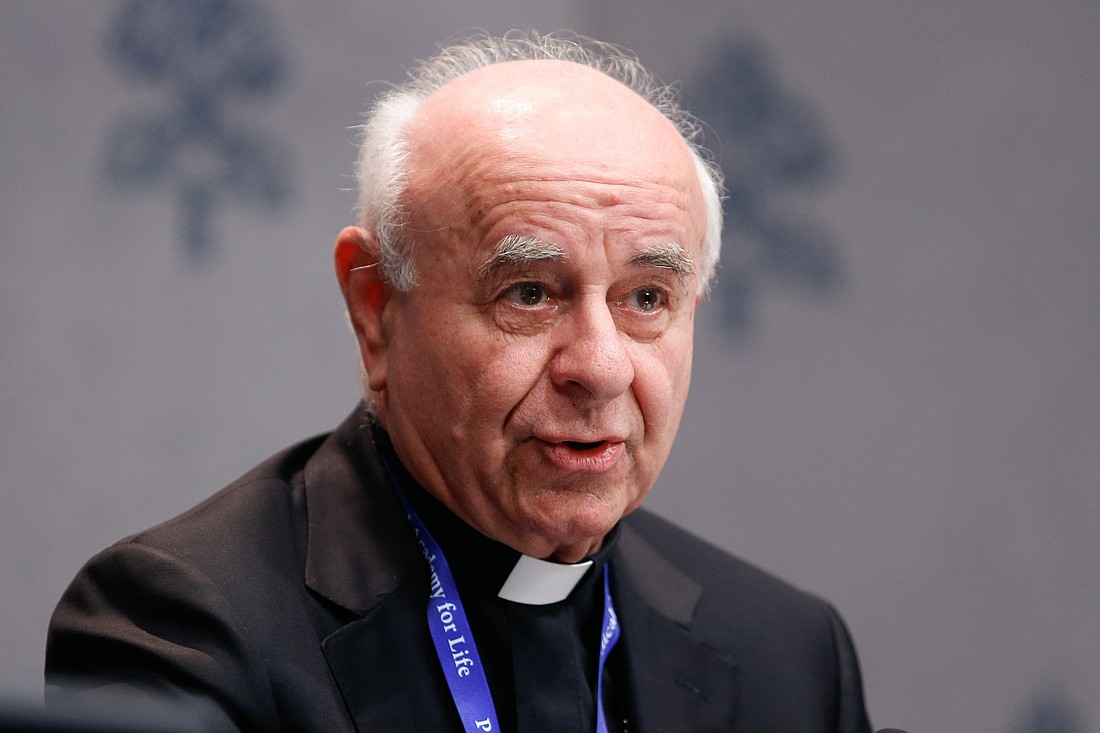 Archbishop Vincenzo Paglia, president of the Pontifical Academy for Life, speaks at a news conference at the Vatican March 3, 2025, about the academy’s general assembly. (CNS photo/Lola Gomez)