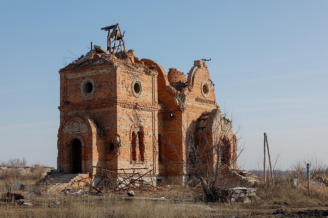 The destroyed Church of the Holy Myrrh-Bearing Women in Pisky, Ukraine, is seen Feb. 11, 2025, amid the ongoing Russia-Ukraine conflict. (OSV News photo/Alexander Ermochenko, Reuters)