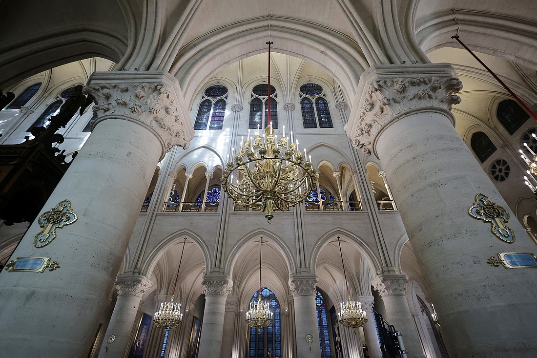 This is a view inside Notre Dame Cathedral in Paris Nov. 29, 2024. The cathedral reopened with a weekend of ceremonies on Dec. 7 and 8, 2024, five years after the 2019 fire that ravaged the world heritage landmark and toppled its spire. Some 250 companies and hundreds of experts were mobilized for the five-year restoration costing hundreds of millions of euros. (OSV News photo/Christophe Petit Tesson, pool via Reuters)