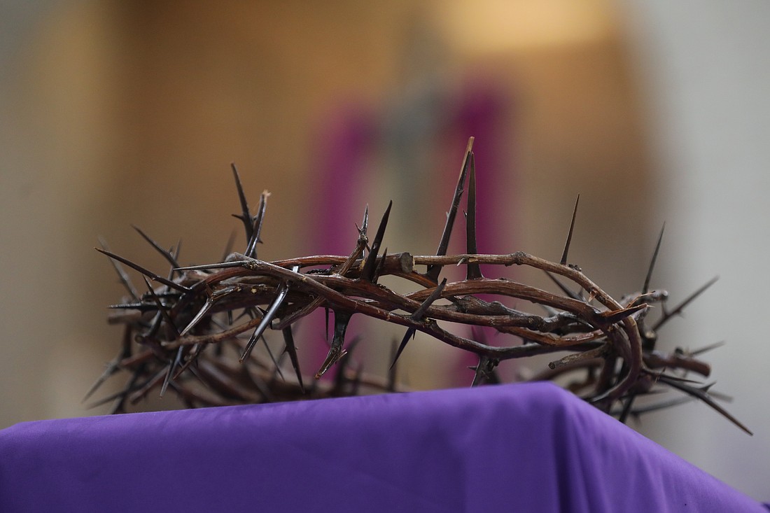 A crown of thorns is pictured on a table draped in purple during Lent at Jesus the Good Shepherd Church in Dunkirk, Md., April 7, 2022. Lent is a time to reflect on our spiritual well-being and call on the Lord for assistance. (OSV News photo/Bob Roller, Reuters)