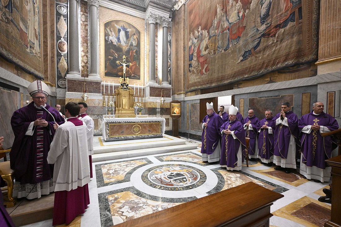 Cardinal Pietro Parolin, Vatican secretary of state, celebrates a Mass to pray for Pope Francis with ambassadors accredited to the Holy See in the Pauline Chapel of the Apostolic Palace at the Vatican March 14, 2025. Bishops and priests working in the Secretariat of State concelebrated. (CNS photo/Vatican Media)