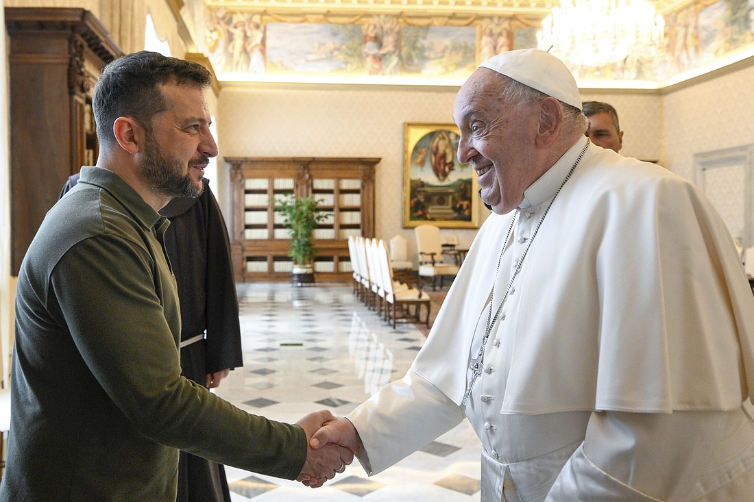 Pope Francis greets Ukrainian President Volodymyr Zelenskyy at the Vatican Oct. 11, 2024. (CNS photo/Vatican Media)