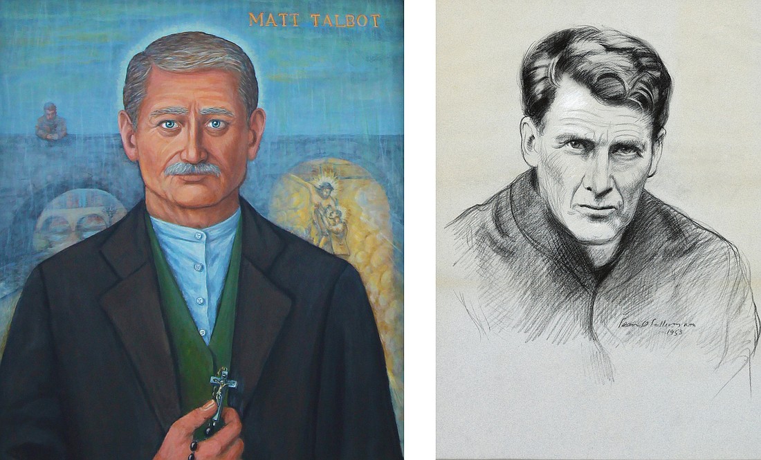 This is a combination image of Venerable Matt Talbot, born in 1856, and Blessed John Sullivan, 1861, both from Ireland. (OSV News illustration/Gina Christian/Irish Jesuit Communications)