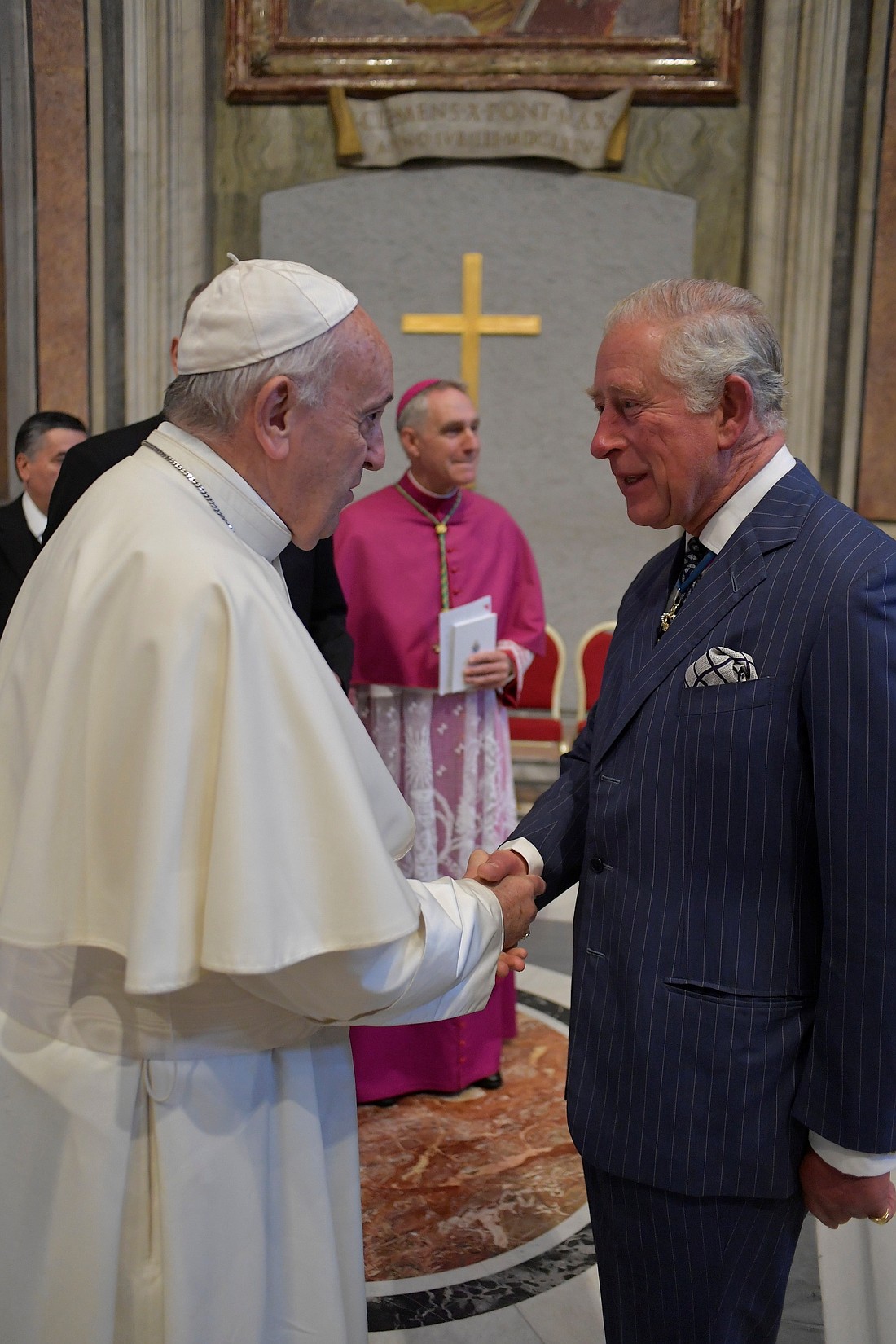 Pope Francis greets Britain's Prince Charles at the Vatican Oct. 13, 2019, the day of the canonization of St. John Henry Newman and four others. (CNS photo/Vatican Media)