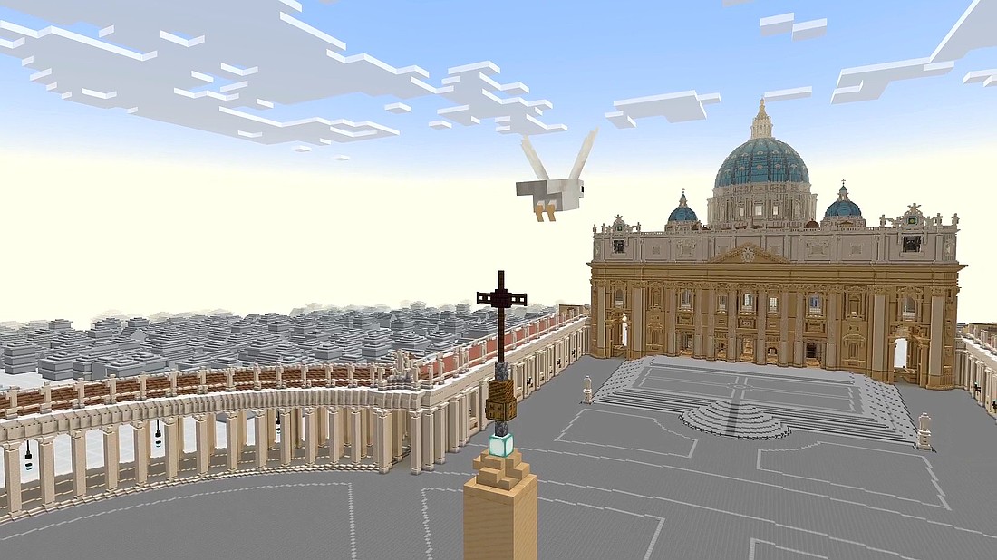 A screengrab shows a seagull flying over St. Peter's Square toward the basilica in a new interactive game, "Peter is Here: AI for Cultural Heritage," released worldwide March 18, 2025, by Microsoft's Minecraft Education in collaboration with the Vatican and St. Peter's Basilica. (CNS photo/courtesy of Microsoft/Mojang Studios).